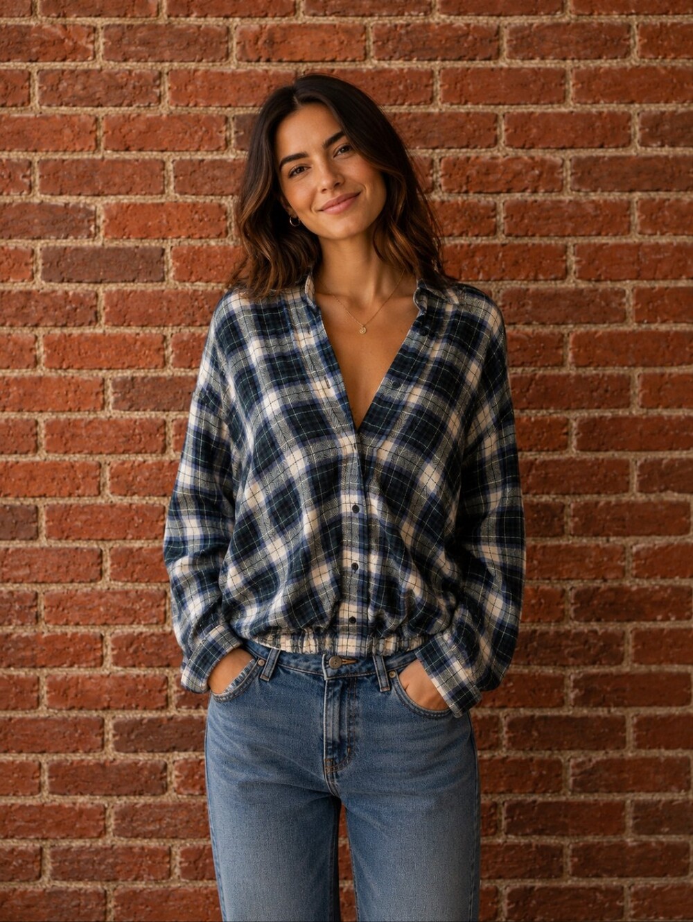 Lumiere Navy and Cream Plaid Button-Down Shirt